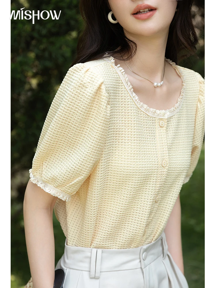 

MISHOW 2022 Shirt For Women Summer Puff Sleeve Short Sleeve Plaid Tops O-neck Casual Female Chiffon Clothing MXB25X0185