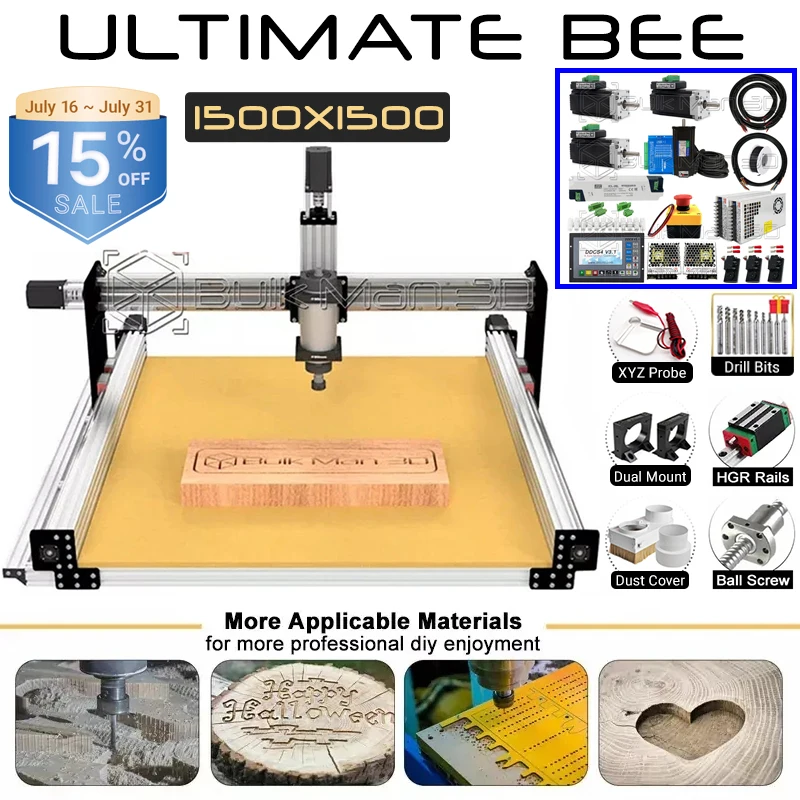 

15%OFF 1500x1500mm ULTIMATE Bee CNC Router Machine Full Kit DDCS4V3.1 Controller with IHSV57 180W 3000rpm Servo Motor BulkMan 3D
