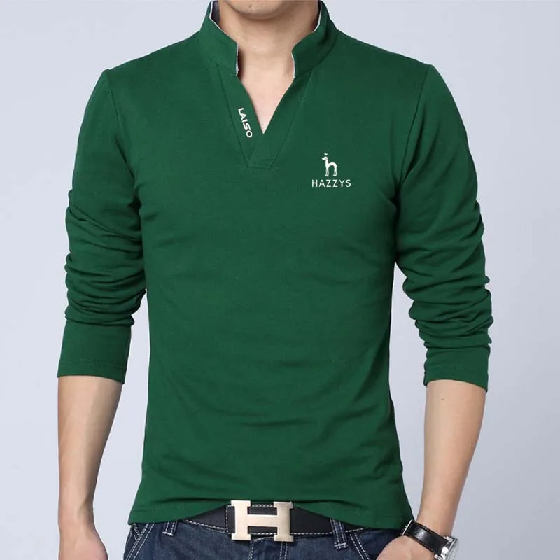 Men Golf Polo HAZZYS Tops Solid Color Slim Fit Long Sleeves V Neck Pullover Casual Cotton Spring Shirt Clothes Men's T-Shirts
