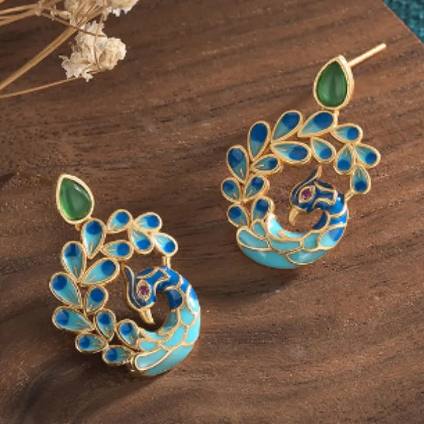 

Original Chinese Style Retro Hanfu Cheongsam Accessories Enamel Porcelain Peacock Earrings for Women Natural Chrysoprase Jewelry