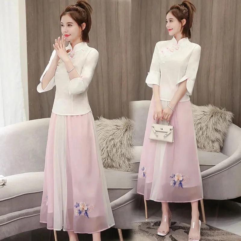 Летний костюм 5XL Женские комплекты 2023 толстые MM Китайский Стиль Мама ханьфу