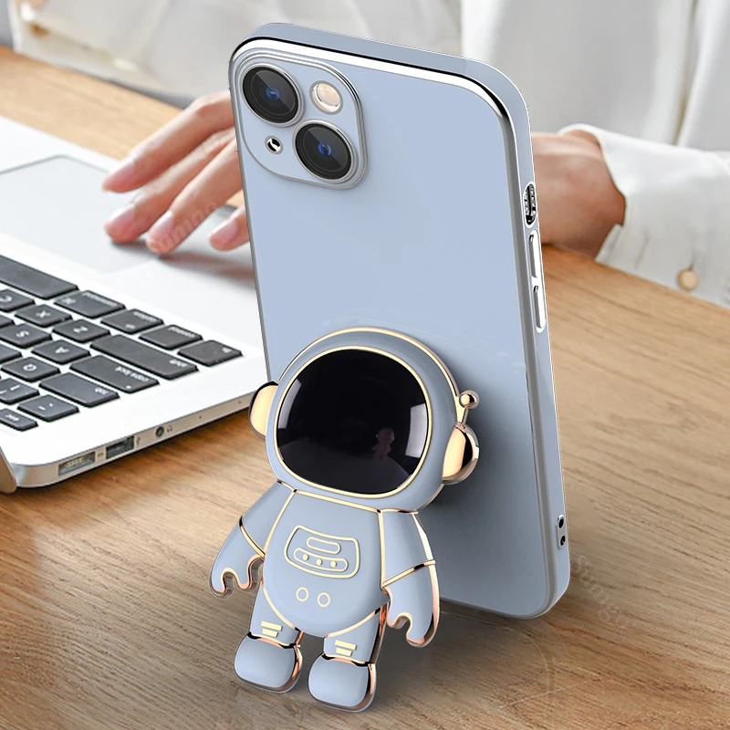 

Astronaut Plating Fold Stand Holder Phone Case for IPhone 13 11 12 Pro Max Mini XS Max XR X XS 7 8 Plus SE 2020 Bracket Cover