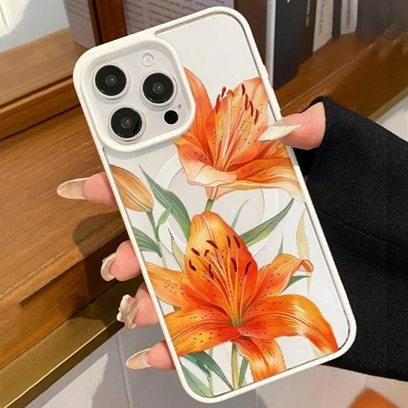 Фото Оранжевый магнитный чехол с узором в виде лилий для iPhone 17, 11, 16, 15, 14, 13, 12 Pro Max Plus, Air 17E, 16E, совместимый с беспроводной зарядкой MagSafe №4