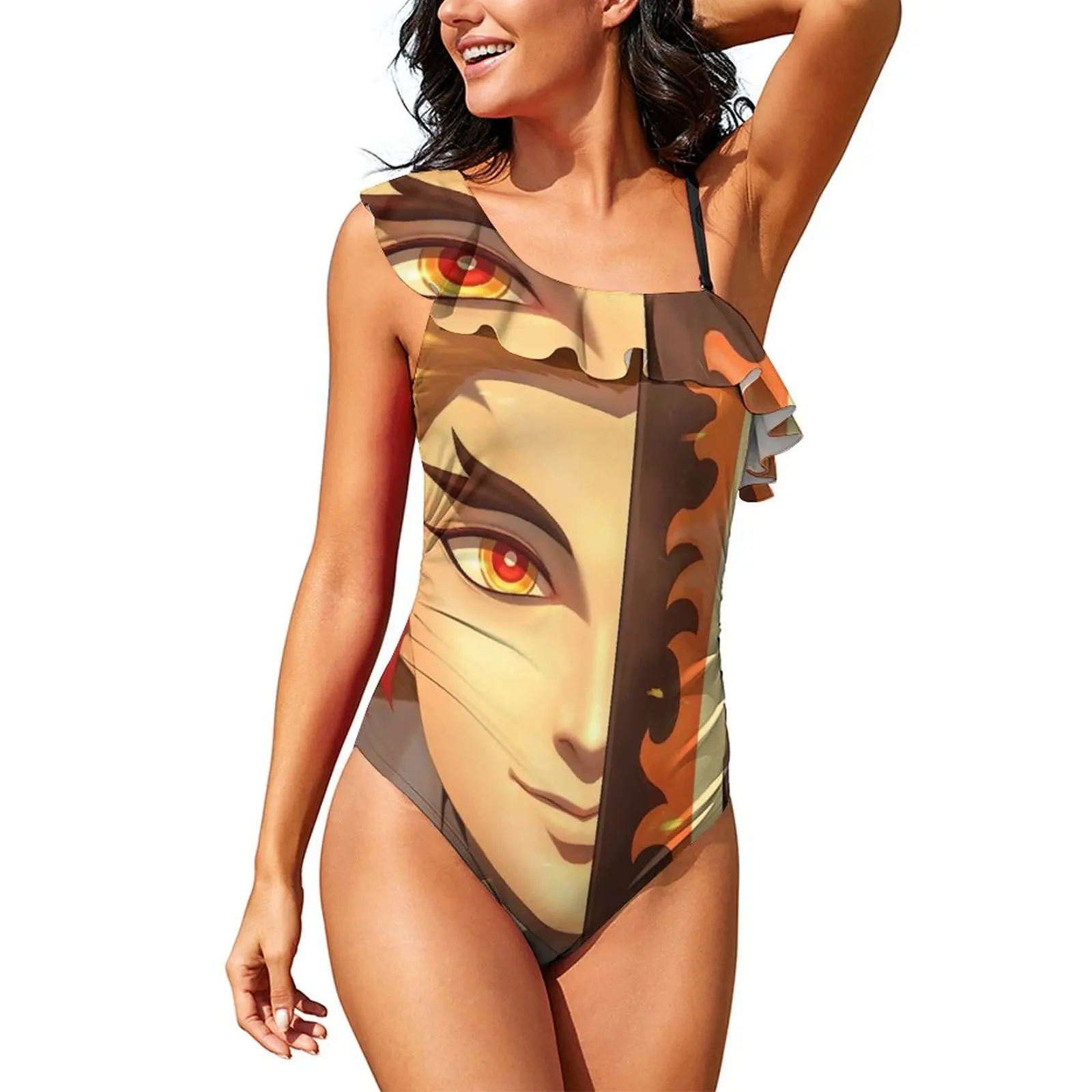 

Anime Demon Slayer Swimsuit Rengoku Kyojuro Modern Ruffled Swimwear One Piece Swimsuits Woman Push Up Sexy Rave Monokini