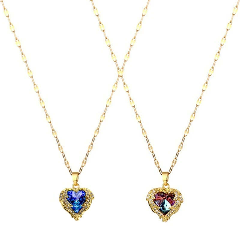 

Fashion Angel Wings Heart Crystal Pendant Necklace Simple Women Charm Chain