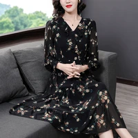 spring summer black floral chiffon ruffled midi dress women korean vintage hepburn dress long sleeve elegant bodycon vestidos