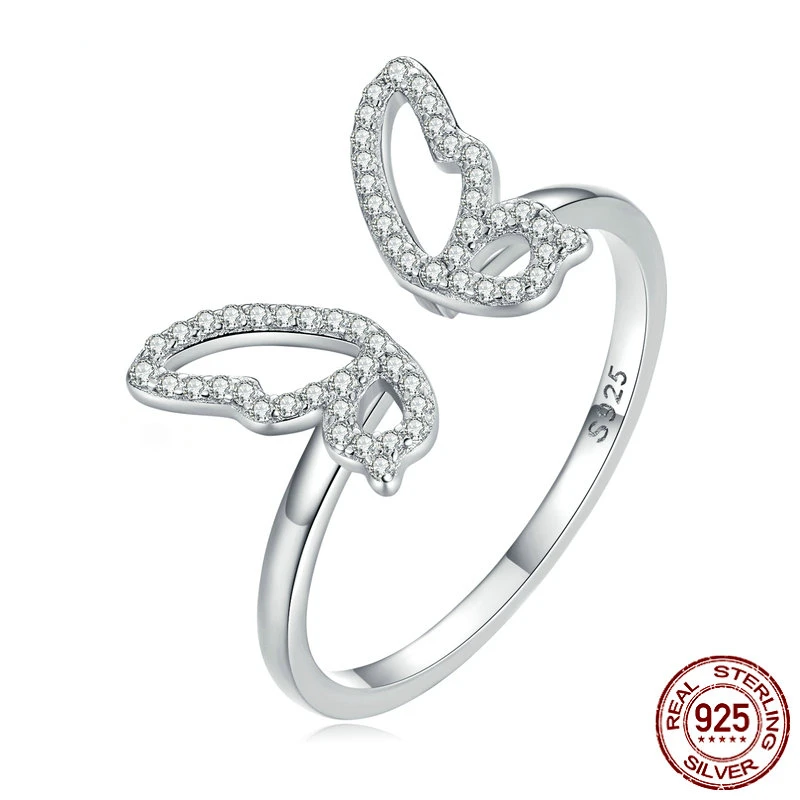 

Authentic 925 Sterling Silver Delicate Brilliant Butterfly Opening Ring for Women Eternity Band Party Fine Jewelry BSR278