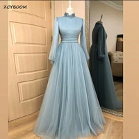 elegant blue a line muslim evening dresses high neck lace tulle long sleeves arabic wedding guests formal party prom gowns 2022