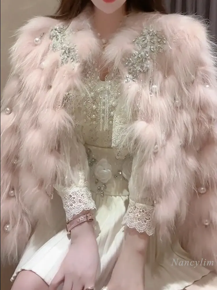 Socialite Temperament Beaded Tassel Rhinestone Woven Faux Fur Coat for Women 2023 Spring Winter New Sweet Fur Jacket Lady