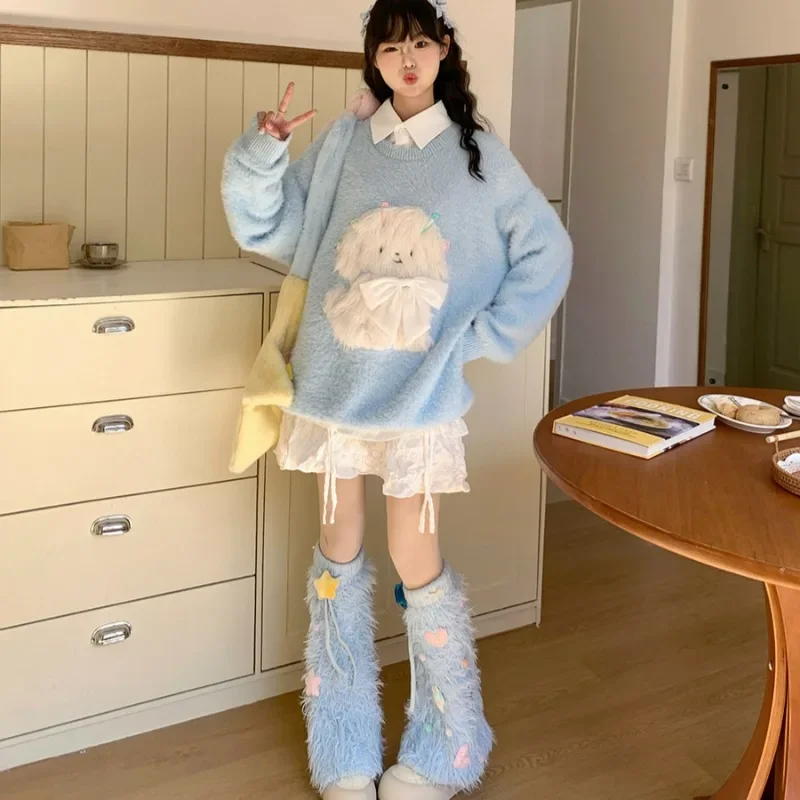 Pullovers Women Lovely Girls Korean Style Cartoon 3D Bow Chic Warm Autumn Winter Long Sleeve O-neck Loose College All-match Sute