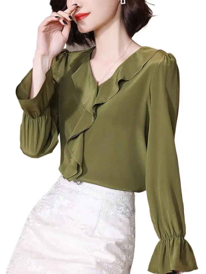 High Quality Elegant Imitation Silk Blouse Spring Women Fashion Long Sleeves Satin shirts Vintage Korean sweet ruffled tops