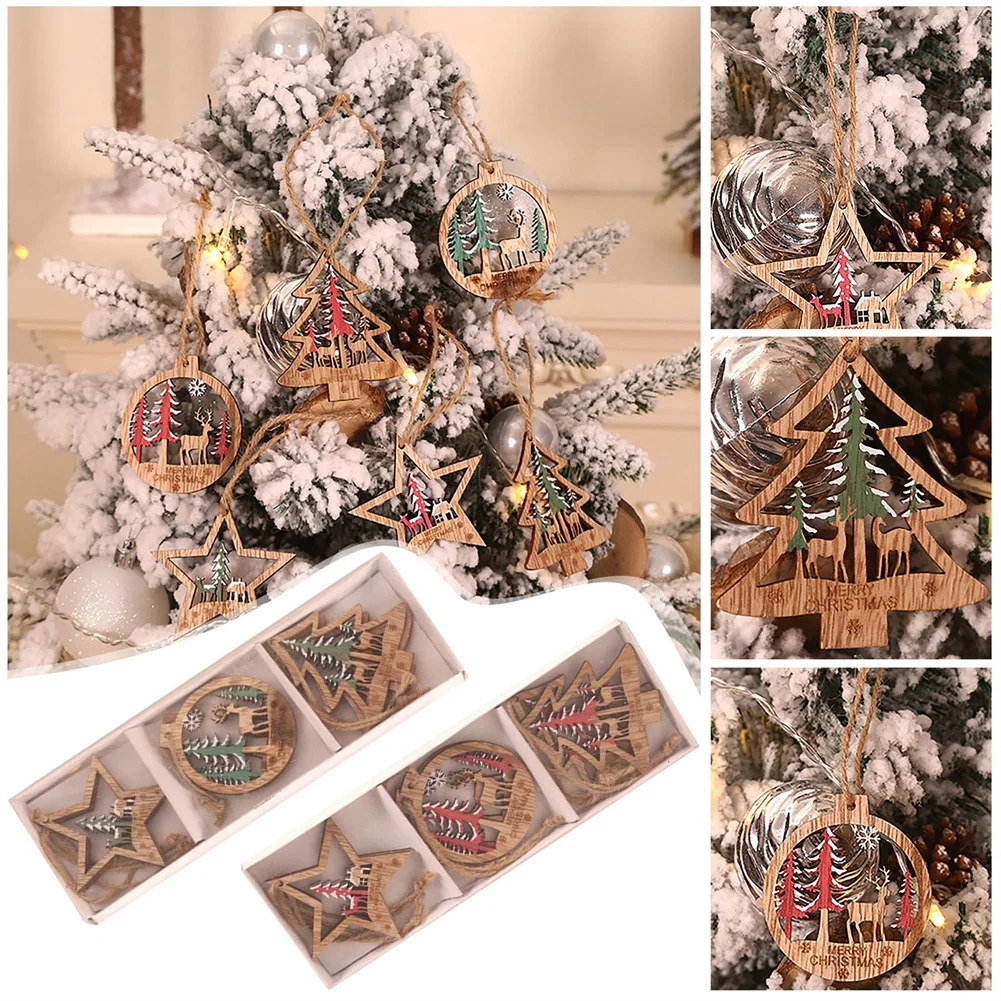 

6Pcs Christmas Wooden Pendants Ornaments DIY Wood Crafts Xmas Tree Ornaments Snowflake for home Christmas Pendant Decorations
