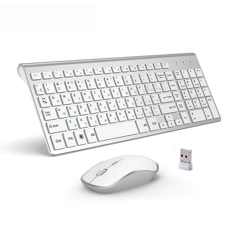 

New Russian version 2.4g wireless keyboard and mouse, ergonomics, portable full size, USB interface, high-end fashion silvery