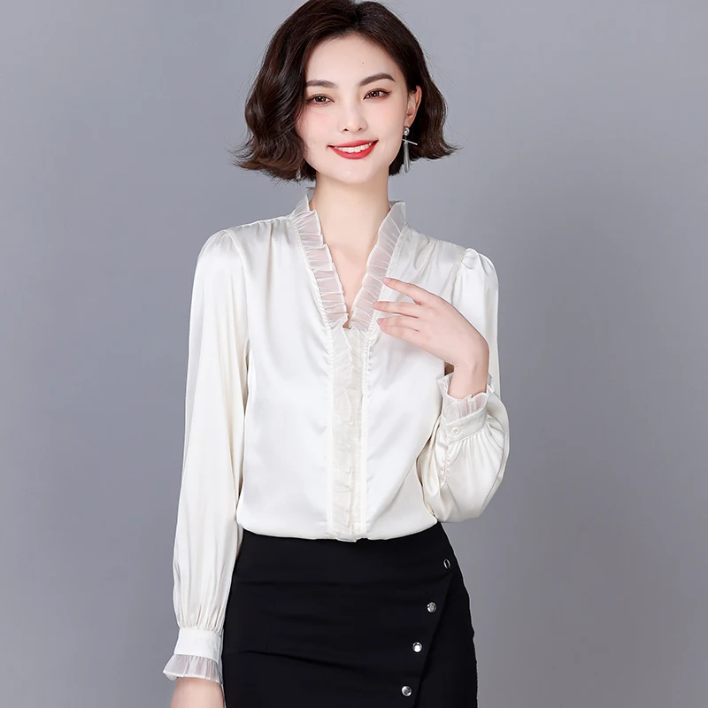 

2022 Spring And Autumn New French Fashion Women Clothing White Solid Color V-Neck Long Sleeve Blouses Acetate SATIN Shirts