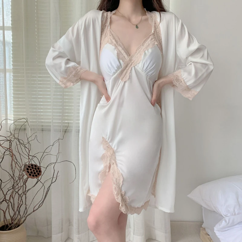 

Женская пижама весна-осень Ночная сорочка из двух частей атласная шифоновая кружевная пикантная Элитная Пижама