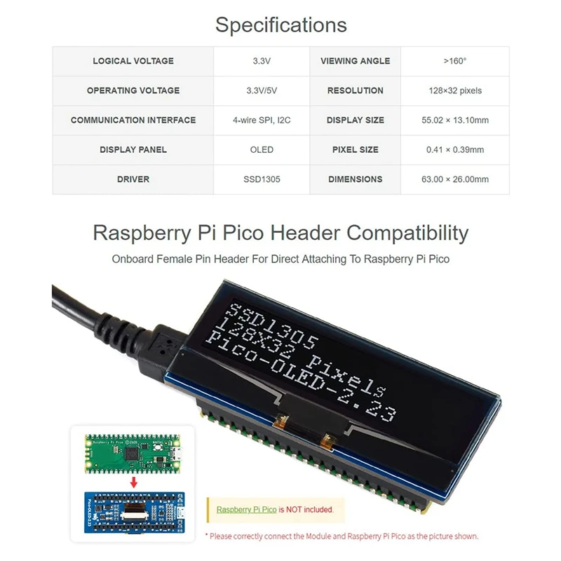 Модуль OLED-дисплея Waveshare 2 23 дюйма для Raspberry Pi Pico встроенный драйвер SSD1305 128X32