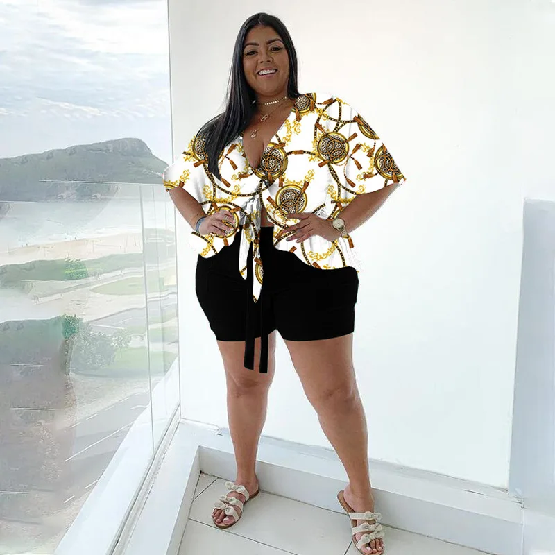 Plus Size Women Sets Leopard Zebra Print Shirt and Short Pant 2023 Summer Fashion Two Piece Set Sexy Female V Neck Clothing