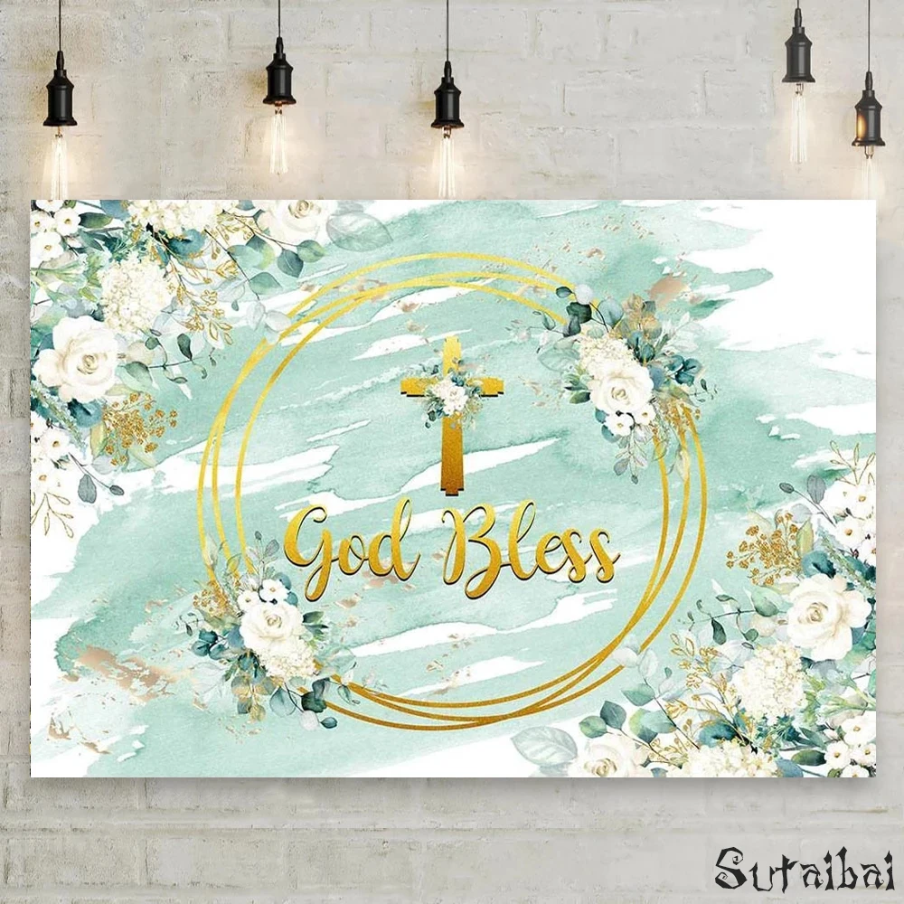 

God Bless Golden Cross Photo Background Newborn Baptism White Flower Photography Backdrop Customized Party Decoration Banner