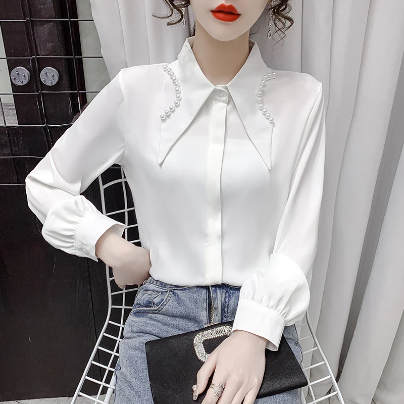 

Pearl Polo collar women's shirt spring 2022 new chiffon jacket women's design sense niche white shirt 523e,327-18