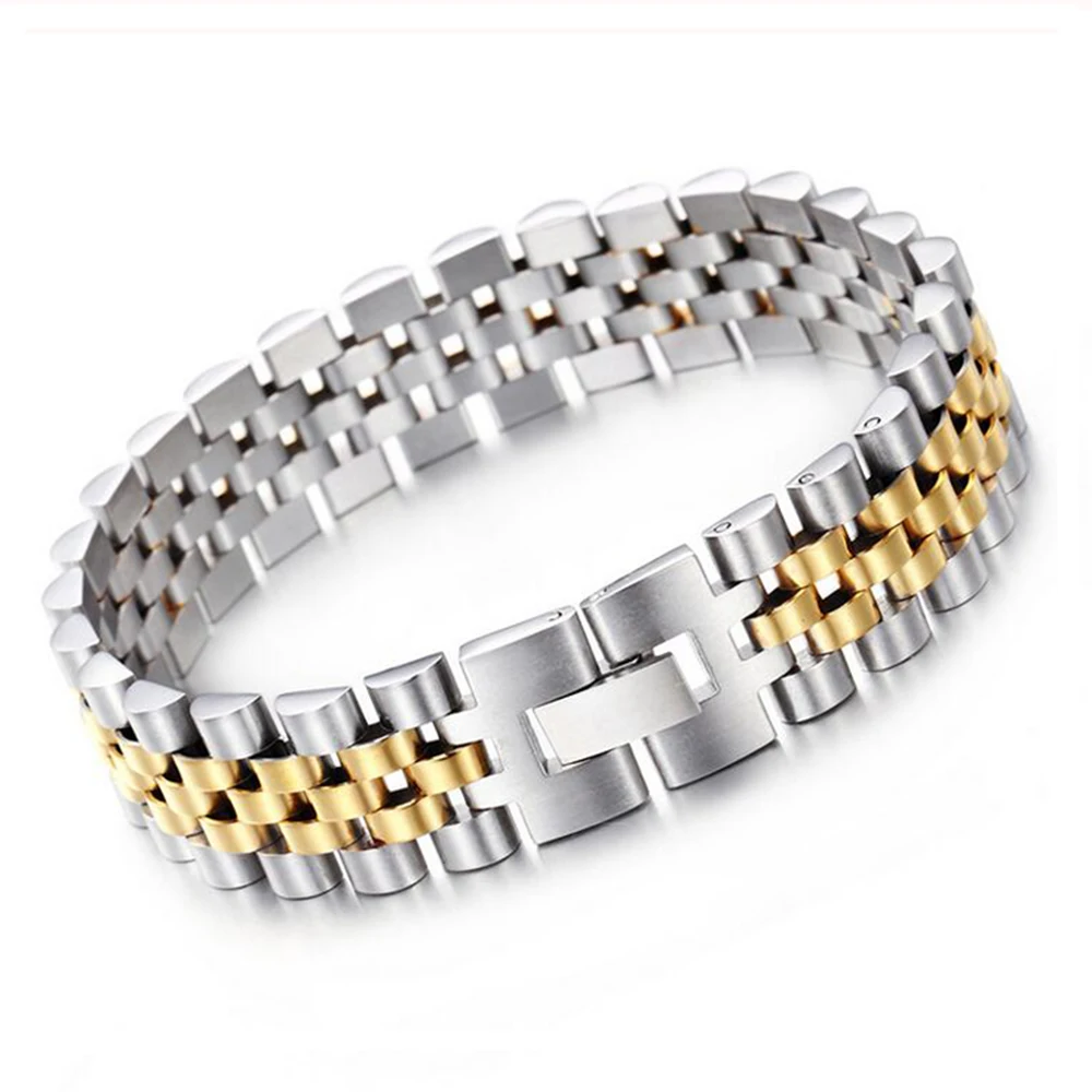 

10MM 15MM Gold Color Biker Watch Chain Bracelet Luxury Stainless Steel Men Women Hiphop Watchband Design Bangle Wrist Jewelry