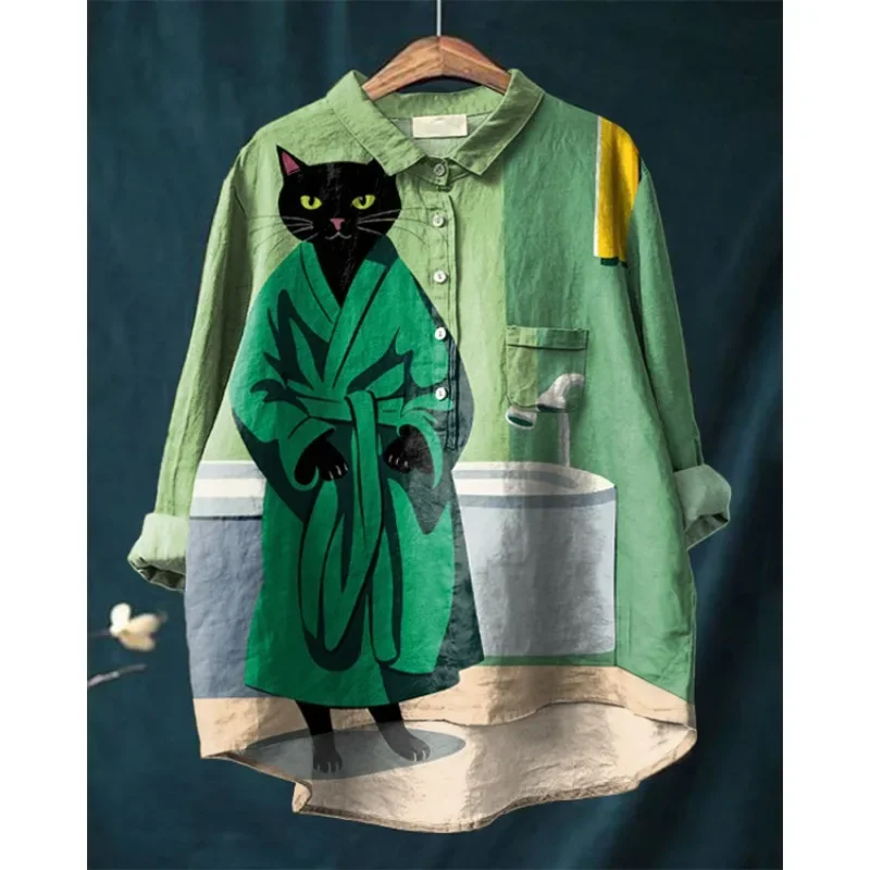 Повседневная льняная рубашка в японском стиле с изображением милого зеленого