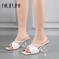 niufuni pvc transparent crystal high heels bow women slippers hollow open toe pump summer pure white simple slip on slides shoes