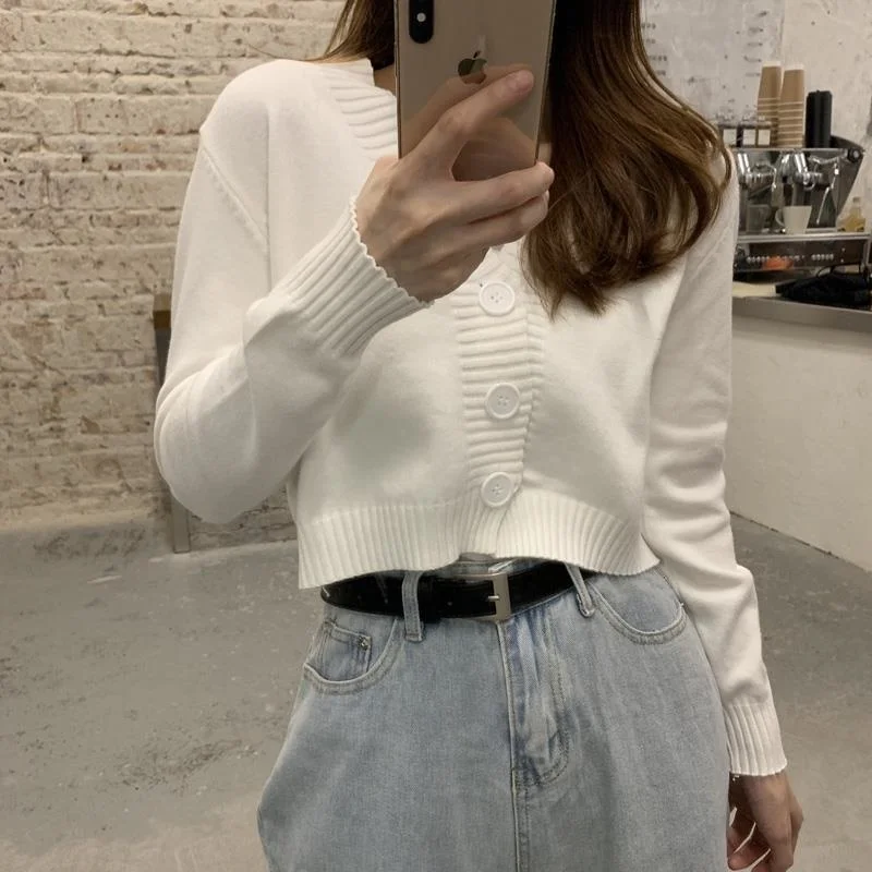 

Hot sale ladies button V-neck pullover sweater women's fall winter outer solid color cardigan long-sleeved short knitted tops