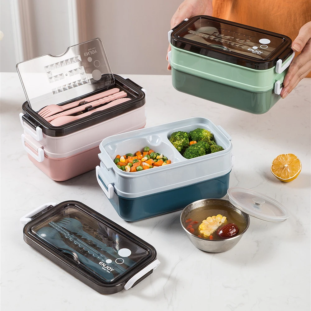 

Lunch Box with Soup Bowl for Student Office Worker Microwave Heating Double-layer Box Bento Food Container Storage Box