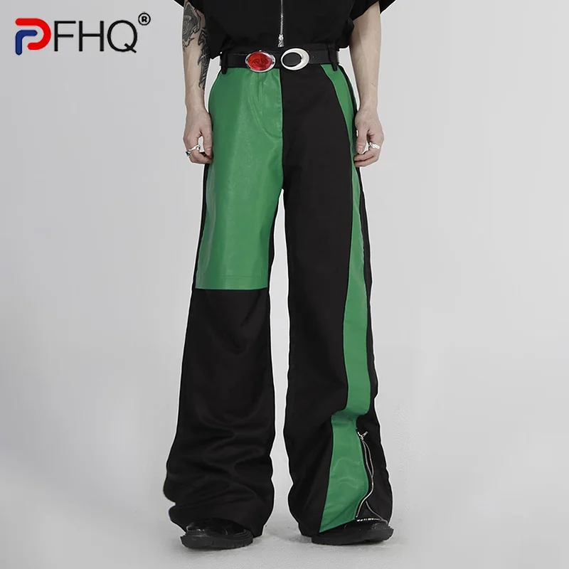 

PFHQ Niche Design Color Contrast Straight Pants PU Leather Splicing 2023 Wide Leg Baggy Casual High Quality Street Wear Trousers