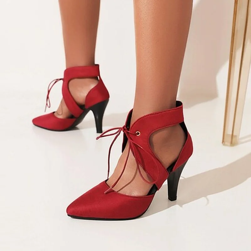 

Туфли-лодочки женские из флока, заостренный носок, перекрестная шнуровка, высокий каблук, пикантные модные офисные туфли, размеры 32-46
