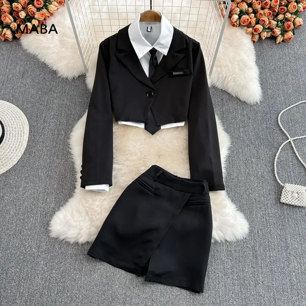 

New Women Preppy Style 3-piece Set 2022 Spring Black Blazer Coat And White Shirt And A-line Mini Skirts Shorts Student Outfit