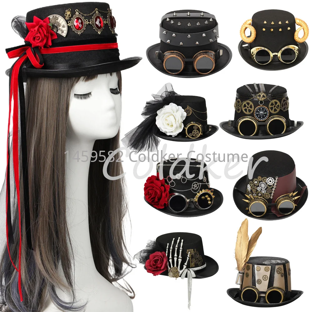 

Unisex Retro Style Steampunk Top Hat Metal Rose Gothic Rivet Wide Brim Head Wear Gears for Jazz Cosplay Halloween Fancy Dress