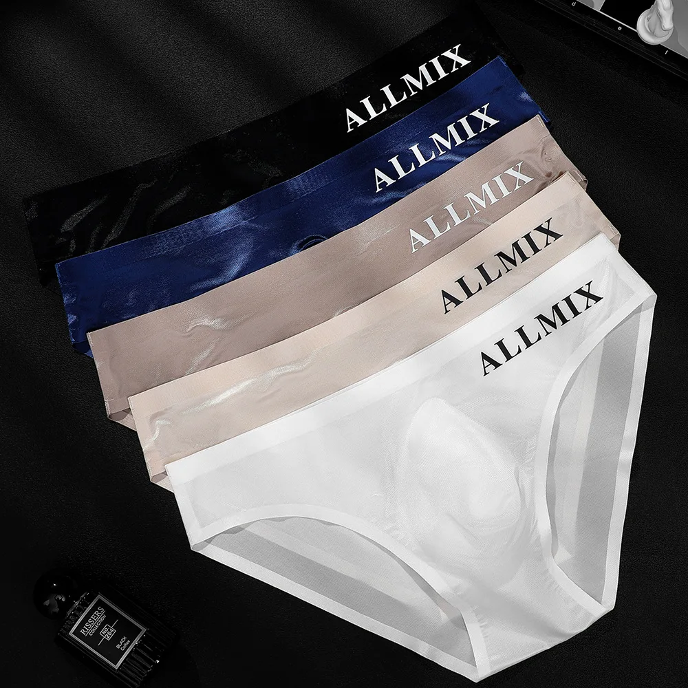 Sexy men underwear letter sports fitness clear ice silk bragas japonesas low waist U convex seamless panties boxers & briefs man