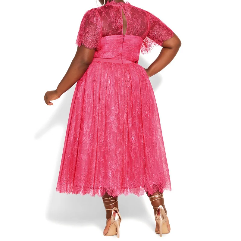 Plus Size Women's Dress New Fashion Large Silk Color Large Size Light Mature Style Fat MM Lace Short Sleeve Women's Long Dress