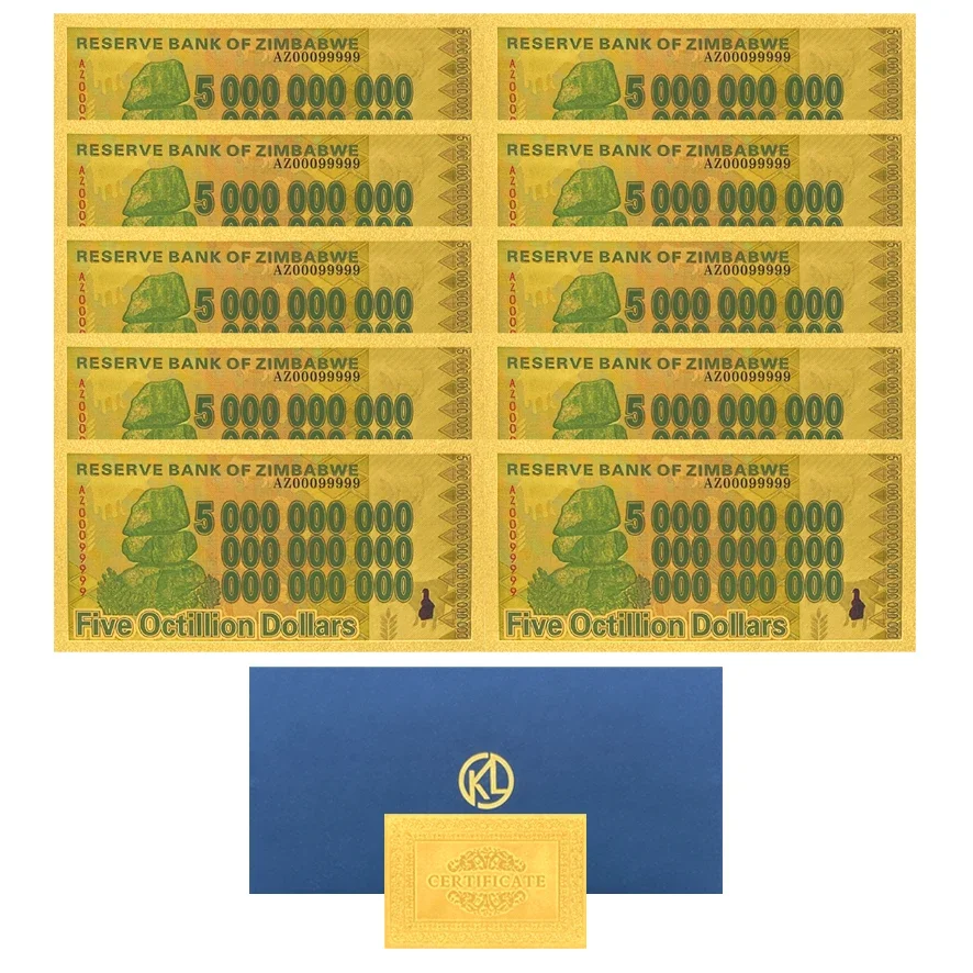 10 Pcs Zimbabwe Paper Money Gold Plated Foil Banknote Collective Notes for Business Gift Home Collection