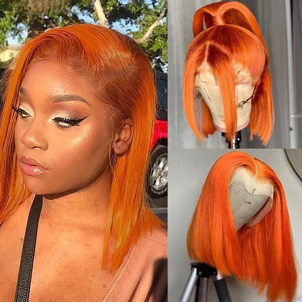 

Ginger Orange Colored Short Straight Bob HD Lace Wig Preplucked 13X4 Lace Front Brazilian Bone Straight Human Hair Wig For Women