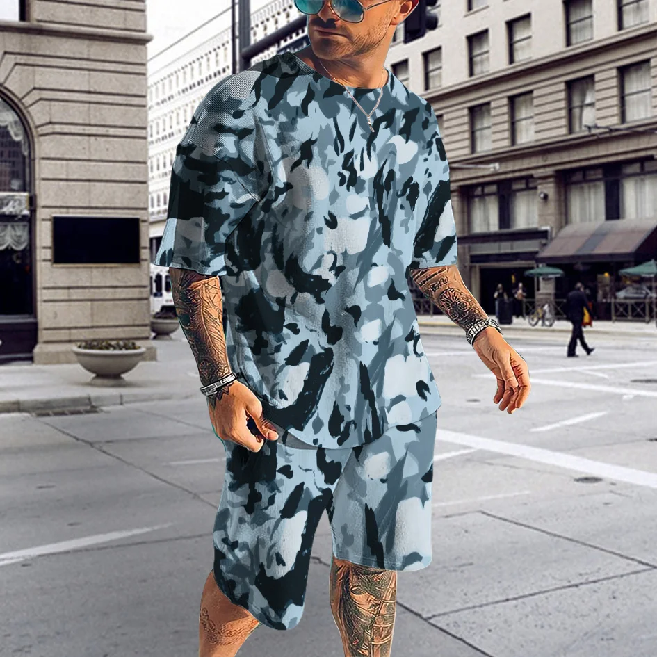 2023 Men's Camouflage T-Shirt Set Fashion Short Sleeve Shirt Summer Harajuku Loose Streetwear Casual Male Clothing Oversized