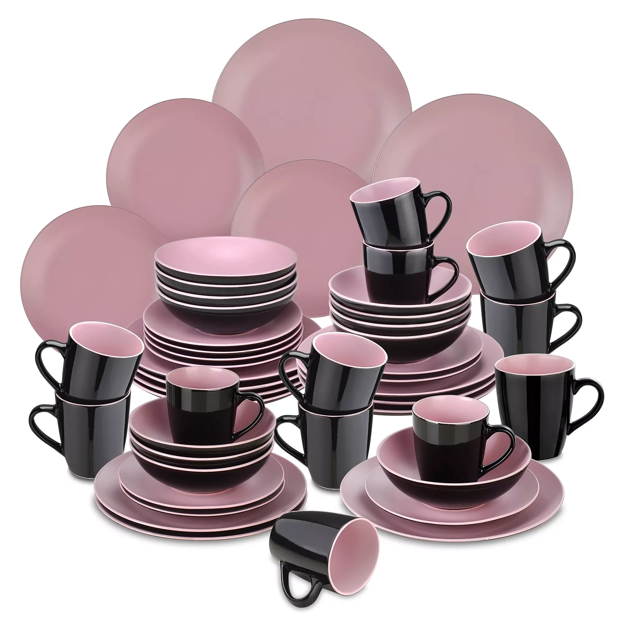 

BACCHE 16/32/48-Piece Matte Black&Pink Stoneware Crockery Tableware Set with Dinner Plate,Dessert Plate,Bowl,Mug