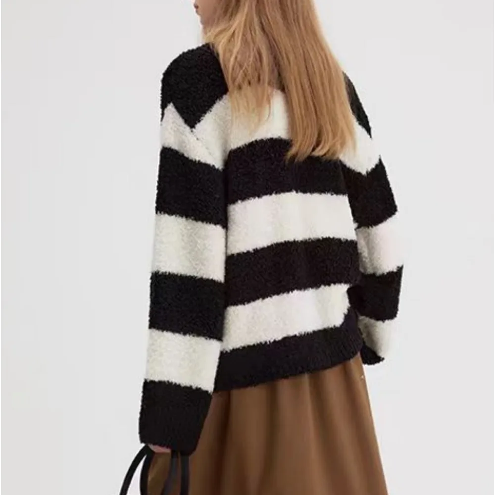 Черно-белый пуловер Freeacy для женщин 2024 осенне-зимняя мода круглый вырез длинные