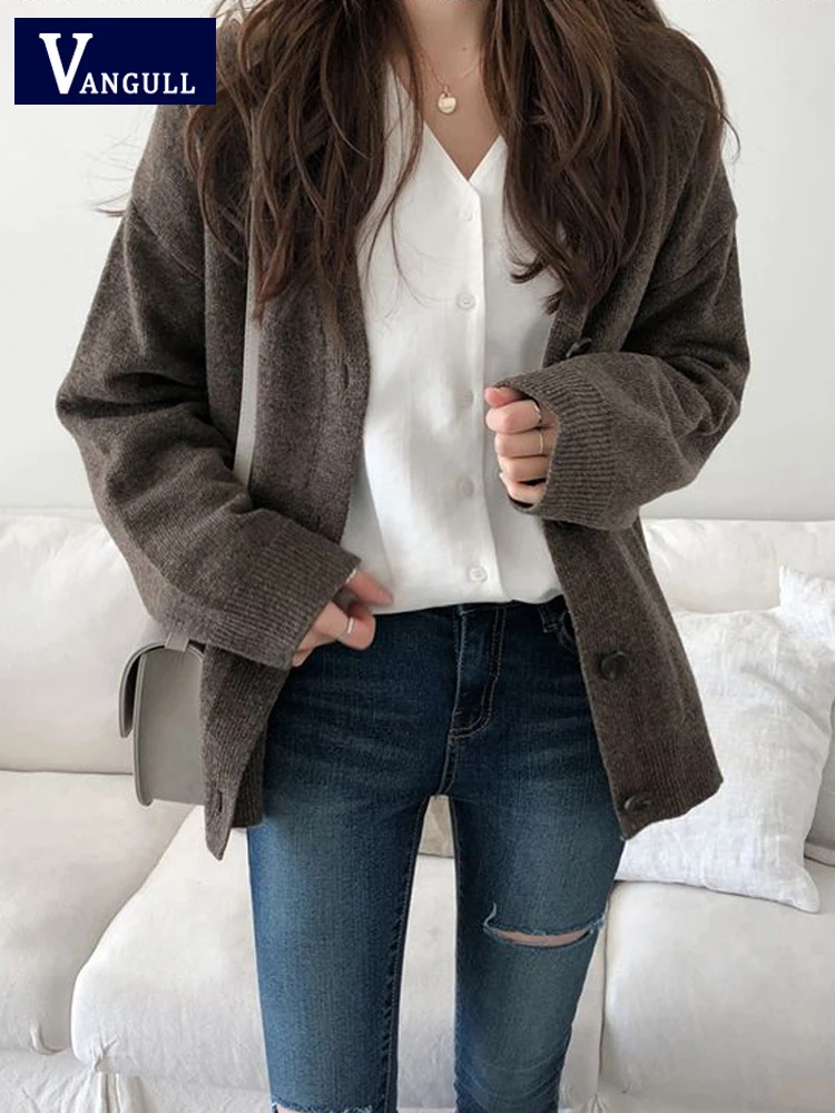 

Повседневный однотонный вязаный кардиган Vangull, свитер, Женский однобортный базовый свитер с V-образным вырезом, мягкий теплый свитер с длинн...