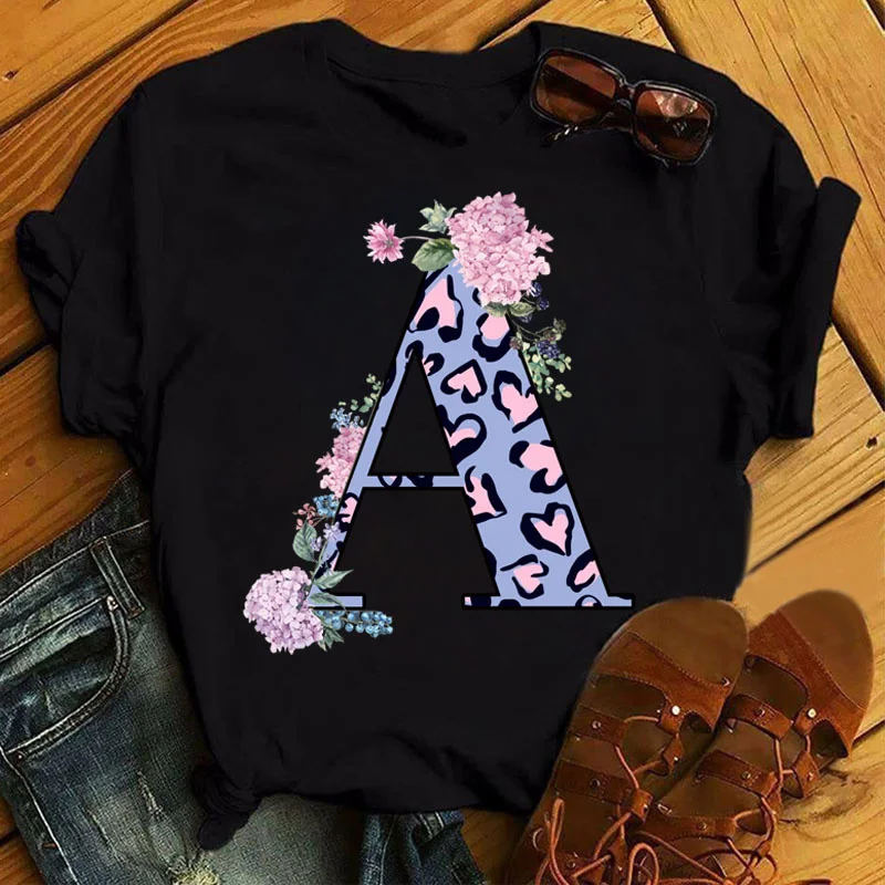 

Fashion Women T-shirt Custom Name Letter Combination Pink Flower and Leopard Letter Font A B C D E Short Sleeve Tops Clothing