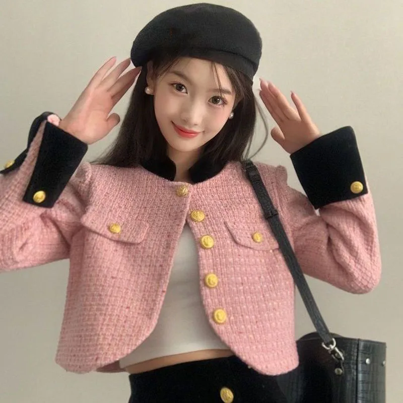 

Lucyever Женская твидовая укороченная куртка элегантная розовая однобортная короткая куртка женская корейская мода тонкая маленькая Очаровательная верхняя одежда
