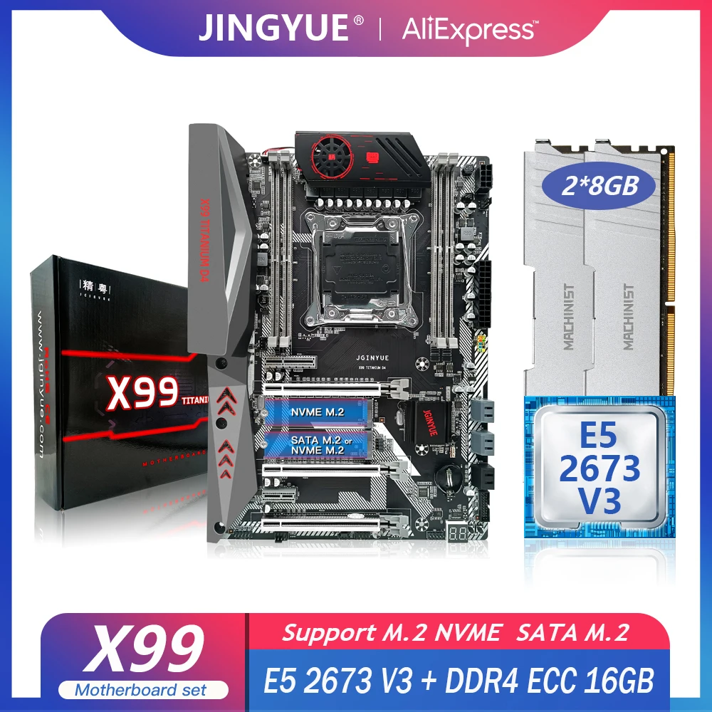 

Материнская плата JINGYUE X99 Kit с процессором E5 2673 V3 CPU 16G(2*8) DDR4 ECC RAM Memory LGA 2011-3 Set USB3.0 SSD M.2 TITANIUM D4