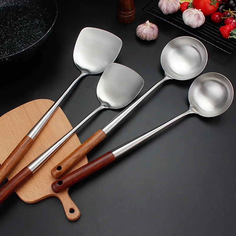 

304 Stainless Steel Spatula Spoon With Wooden Handle Lengthened Cooking Spoon Anti-Scalding Cooking Shovel Kitchenware