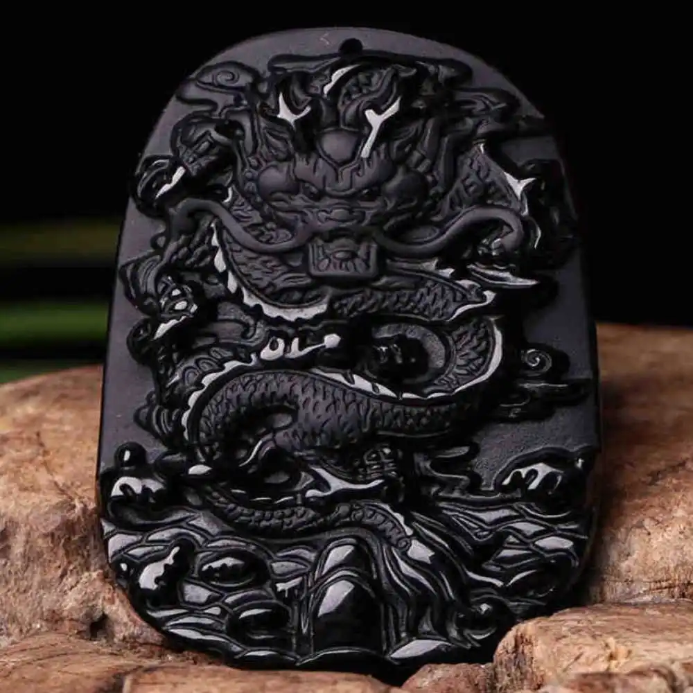 

100% Natural Obsidian Dragon Lucky Amulet Pendant Energy Chakra Unisex Necklace Charms Craft Men Cross Pendants Reiki Charm Gold