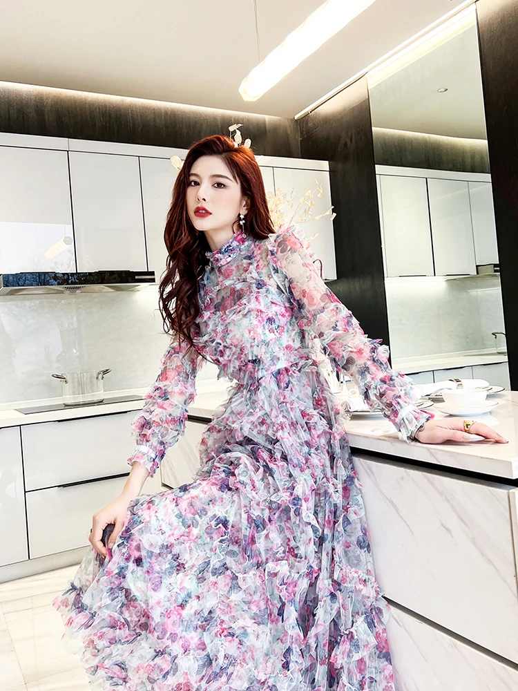 

Delocah High Quality Spring Women Fashion Designer Beach Holiday Long Dress Lantern Sleeve Cascading Ruffles Mesh Boho Dresses