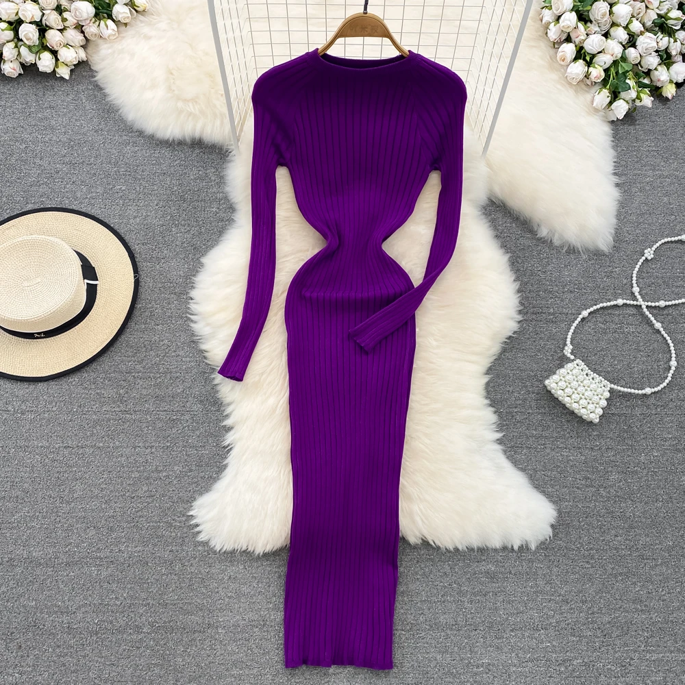 

Korean Fashion Knitted Bodycon Dress Woman Long Sleeve Round Neck High Waist Solid Color Midi Dresses Female Dropshipping