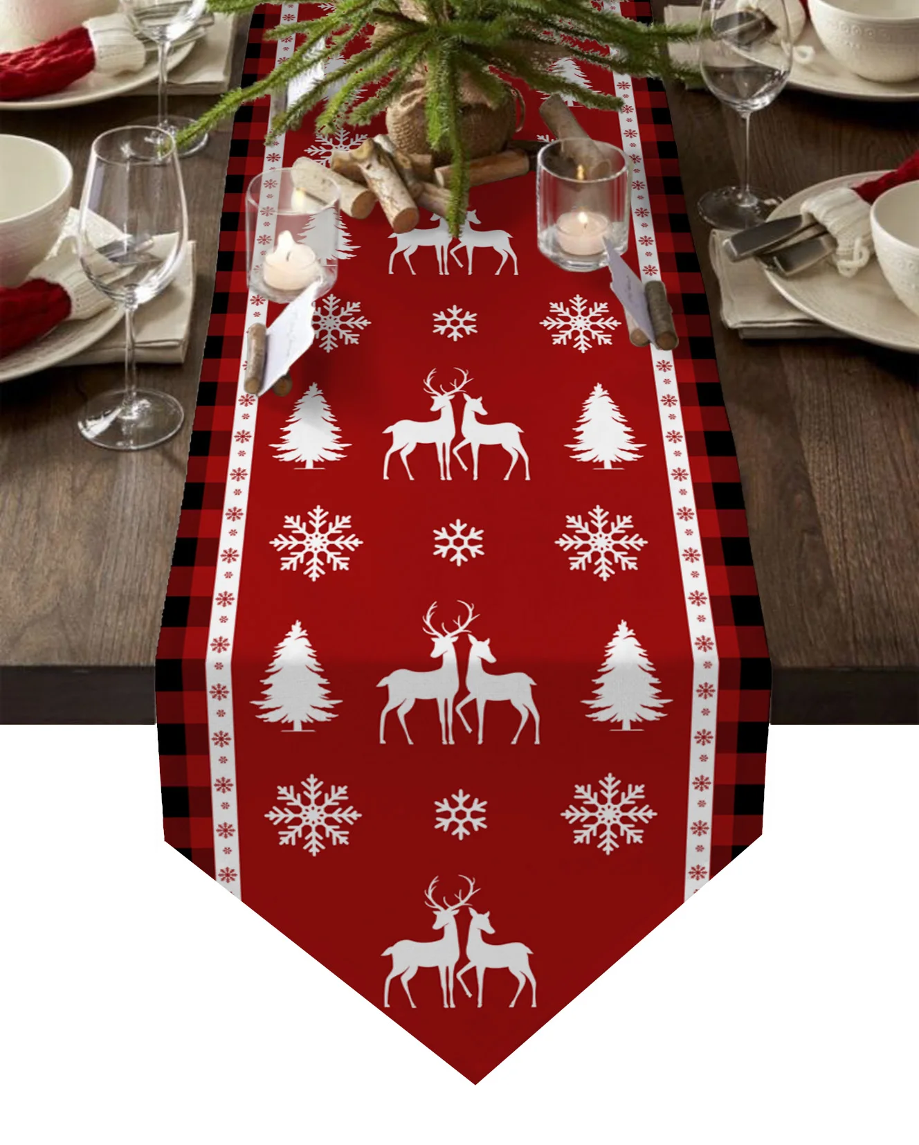 

Christmas Snowflake Elk Red Plaid Table Runners Christmas Table Decoration Tablecloth Home Wedding Holiday Table Cover
