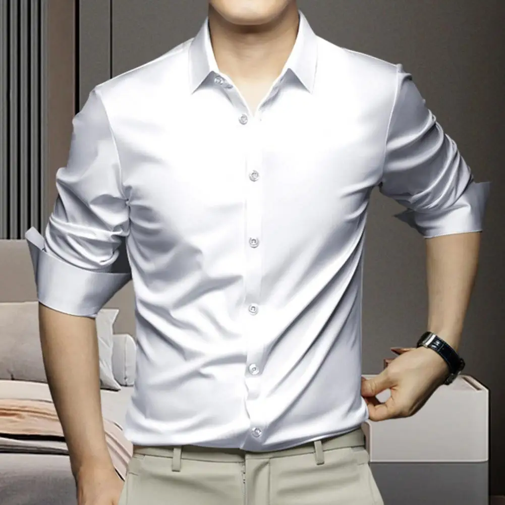 

Мужская деловая рубашка, Однотонная рубашка, стильная мужская деловая рубашка средней длины, однобортная шелковая ткань, однотонная деловая рубашка