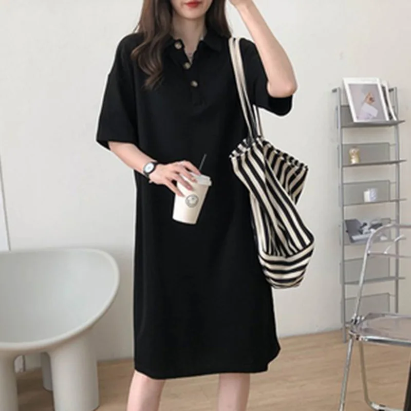 Модное однотонное свободное платье миди в Корейском стиле на пуговицах с